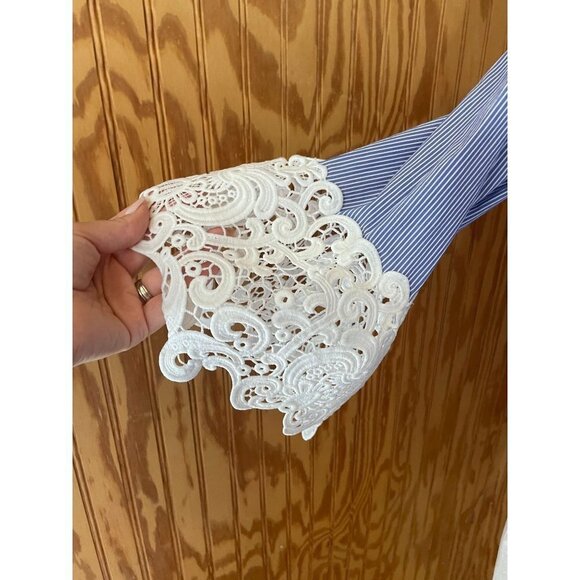 Zara Woman Pinstriped Top Crochet Lace Guipure Sleeve Blue Blouse Pullover XS - Picture 7 of 9